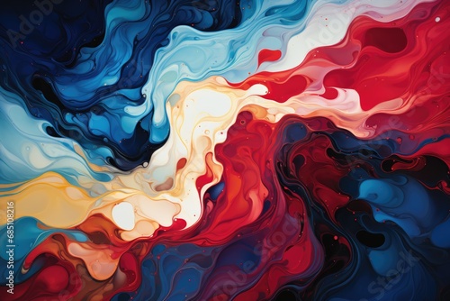 Vivid mix of red, blue, and creamy swirls creating an abstract, fluid art piece with a dreamy, marbled appearance