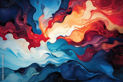 Vivid mix of red, blue, and creamy swirls creating an abstract, fluid art piece with a dreamy, marbled appearance photo