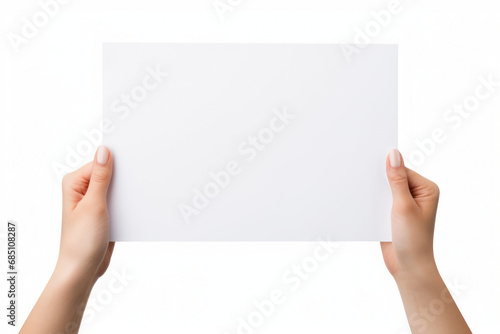 Manos de mujer sujetando un papel en blanco.