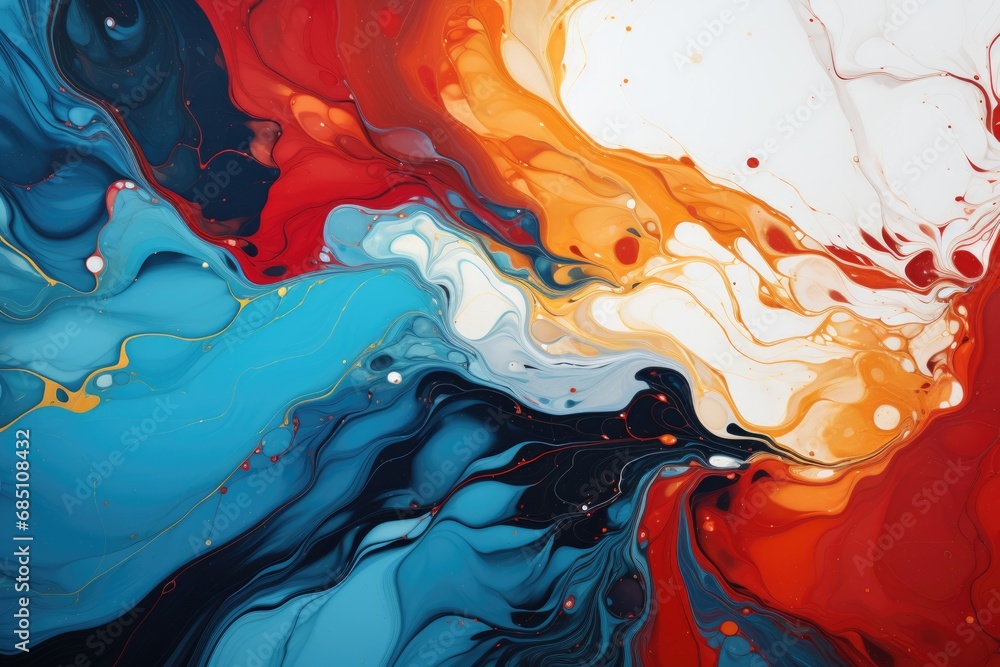 Dynamic fluid art with swirling blues, reds, and creams, dotted with cells, creating an abstract organic tapestry Dynamic fluid art with swirling blues, reds, and creams, dotted with cells, creating an abstract organic tapestry