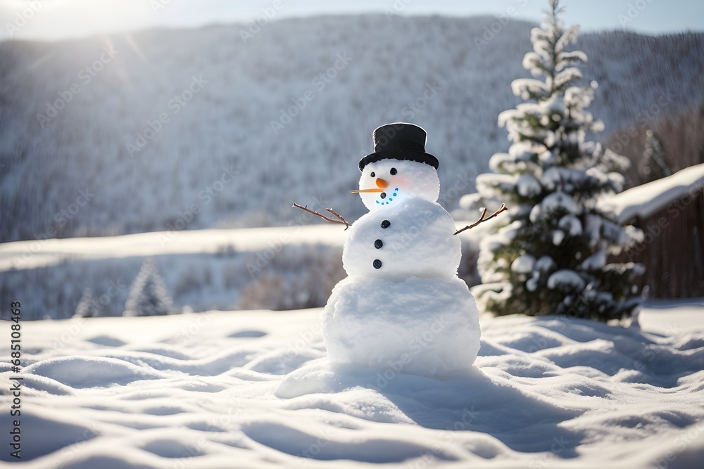 Smiling snowman. The winter background is adorned with shimmering gold confetti, adding a touch of elegance to this playful New Year mockup. Smiling snowman. The winter background is adorned with shimmering gold confetti, adding a touch of elegance to this playful New Year mockup.