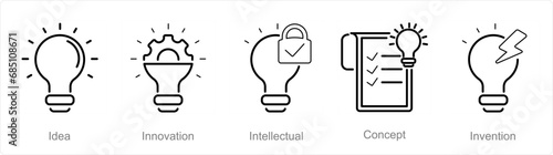 A set of 5 Intellectual Property icons as idea, innovation, intellectual