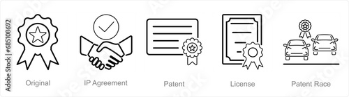 A set of 5 Intellectual Property icons as original, ip agreement, patent