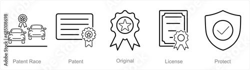 A set of 5 Intellectual Property icons as patent race, patent, original