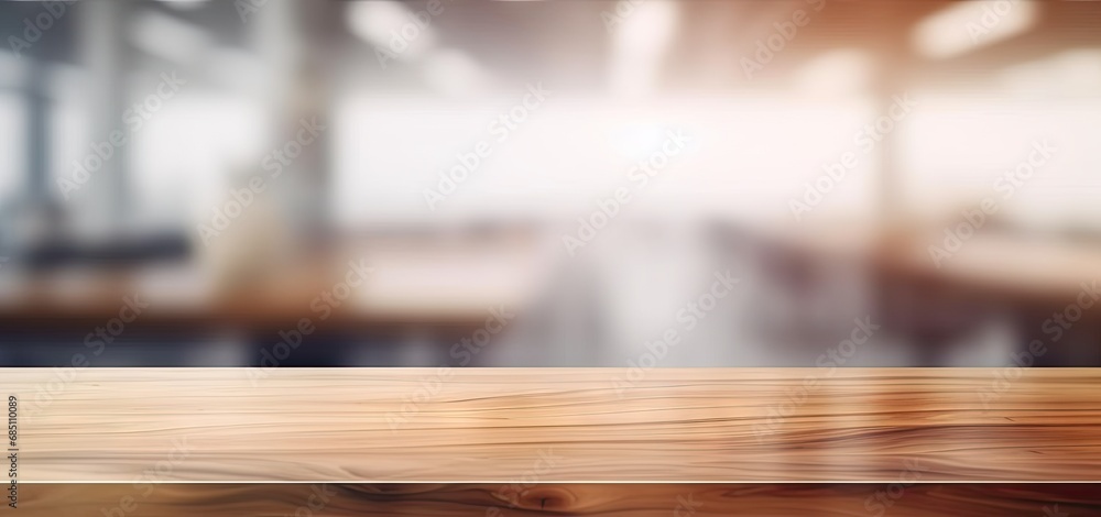 Minimalist workspace. Empty wooden desk or table in bright room perfect for creating clean and modern background for product displays design mockups for interior design concepts