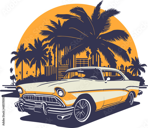 Classic american car style. Vintage vehicle vector illustration. Modern print design of retro machine.