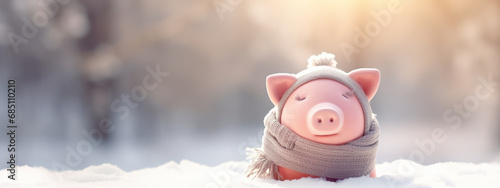 A pink piggy bank money box wrapped up warm with a scarf. Winter heating bills concept.Generative AI photo
