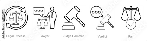 A set of 5 Justice icons as legal process, lawyer, judge hammer