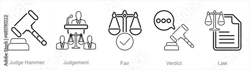 A set of 5 Justice icons as judge hammer, judgement, fair 