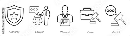 A set of 5 Justice icons as authority, lawyer, warrant
