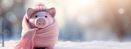 A pink piggy bank money box wrapped up warm with a scarf. Winter heating bills concept.Generative AI photo