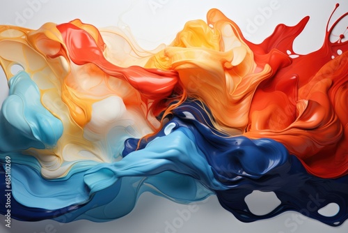 Vivid clash of red, blue, and orange ink clouds in water, creating a dramatic, fluid abstract with an explosive energy.