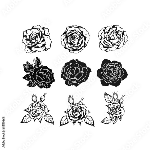 black and white roses, Black and white rose flower vector illustration. Simple rose blossom icon set. Nature, gardening, love, Valentine's day theme design element.