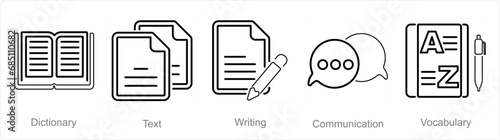 A set of 5 Language icons as dictionary, text, writing