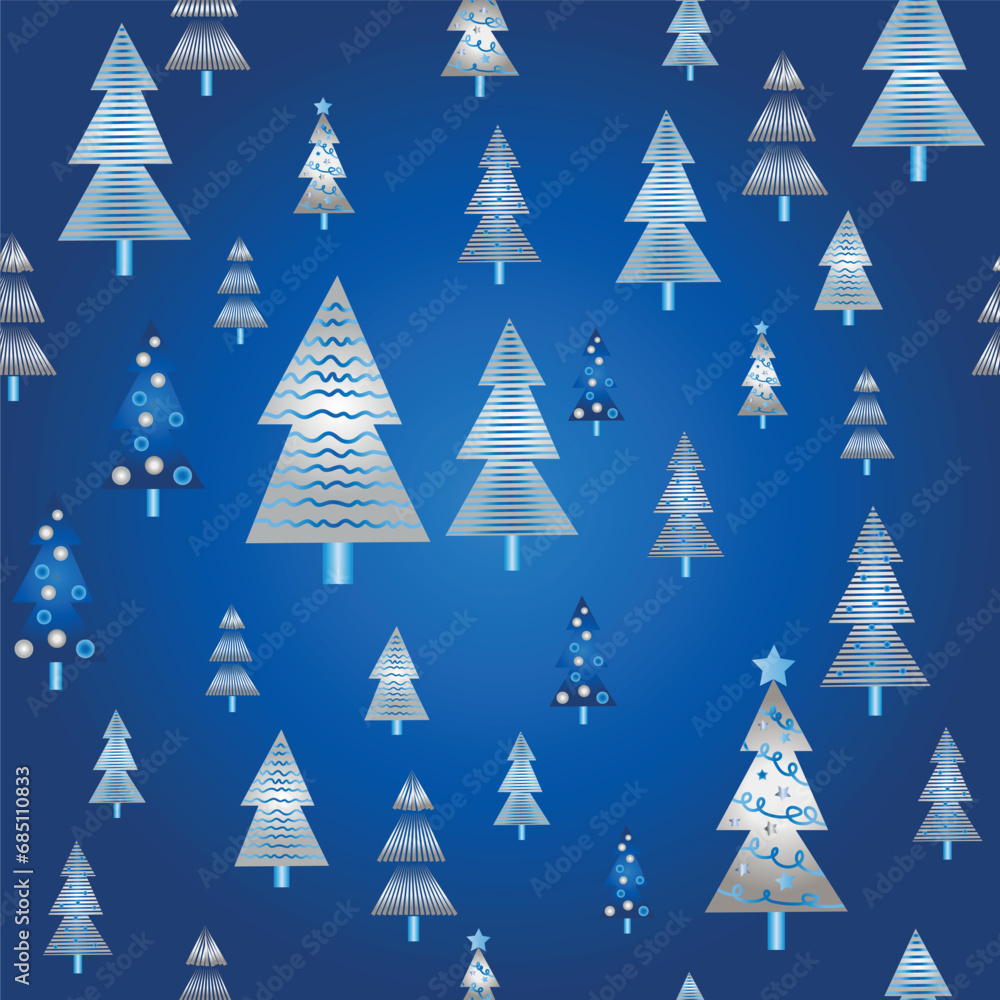 Winter forest scandinavian hand drawn seamless pattern. New Year, Christmas, holidays silver texture with Christmas
