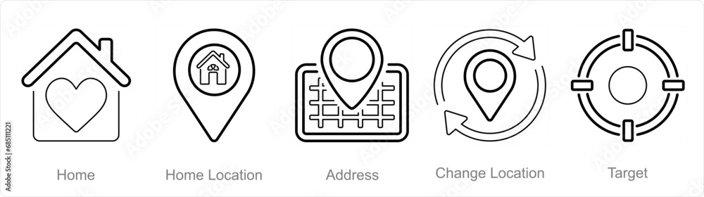 A set of 5 Location icons as home, home location, address - obrazy, fototapety, plakaty 