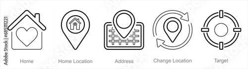 A set of 5 Location icons as home, home location, address