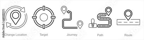 A set of 5 Location icons as change location, target, journey