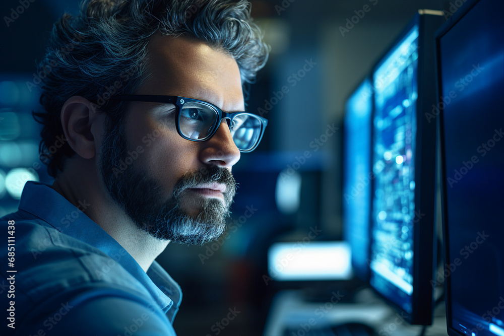 Genius hacker person in modern office against cyber code background Generative AI Genius hacker person in modern office against cyber code background Generative AI