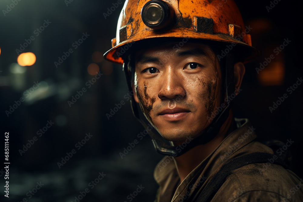 Generative ai technology portrait of mine worker wearing hardhat helmet standing in a mine