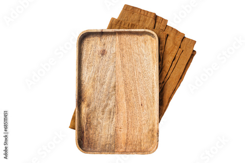 Cooking background with old empty wooden tray over the towel. Transparent background. Isolated.