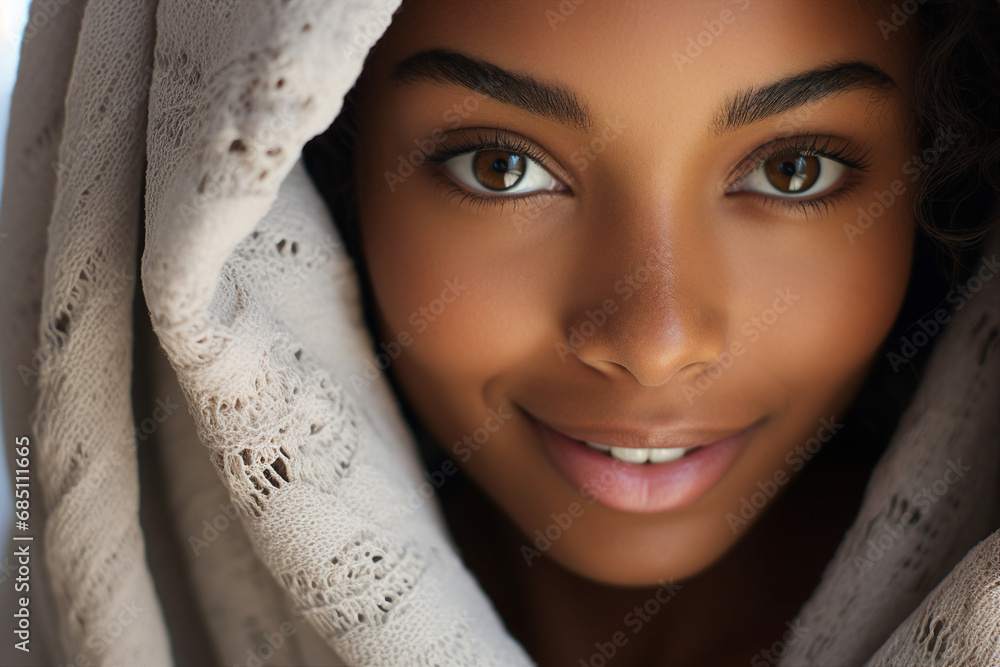 Generative AI closeup portrait comfort content concept young person wrapped in warm laundry blanket Generative AI closeup portrait comfort content concept young person wrapped in warm laundry blanket
