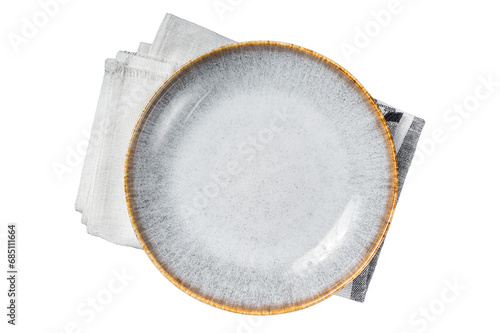 Table setting with vintage empty white plate on rustic wood. Transparent background. Isolated.