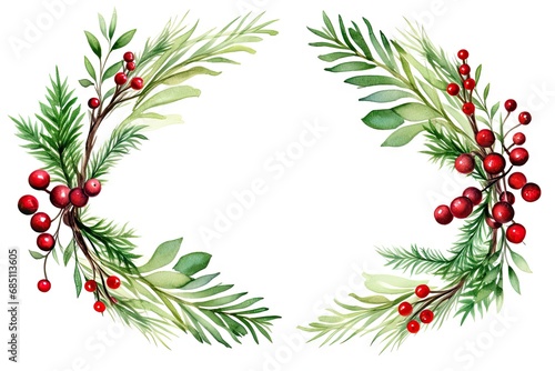 Watercolor Christmas wreath with green fir twigs and red berries. Decorative element isolated on white background. Xmas and New Year card. Winter holiday invitation card, print, banner with copy space