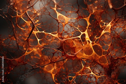 Glowing neuron-like branches in deep amber, intricately weaving against a soft, dark backdrop, mimicking natural coral formations.