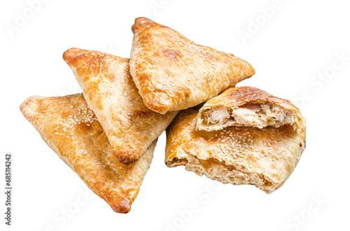 Baked samosa with chicken and cheese, samsa pies. Transparent background. Isolated.