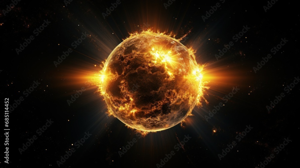 exploding planet with orange rays from inside on a black background, banner, copy space