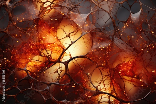 Microscopic view of branching neurons or coral structures glowing in amber tones against a dark background