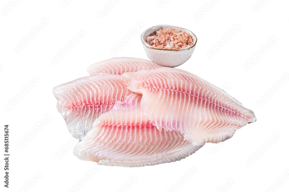Ready for cooking raw fillet of tilapia fish with herbs.  Transparent background. Isolated.