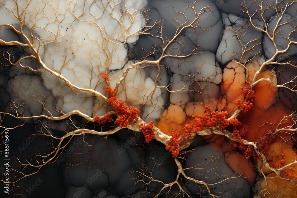 Digital art of neural-like branching structures in gold and red on a marbled backdrop, resembling biological networks