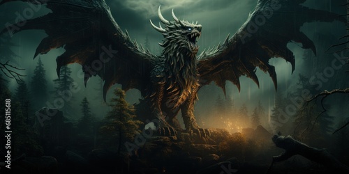 a huge mystical monster with a lion's head, horns and wings in a dark forest, poster, preview photo
