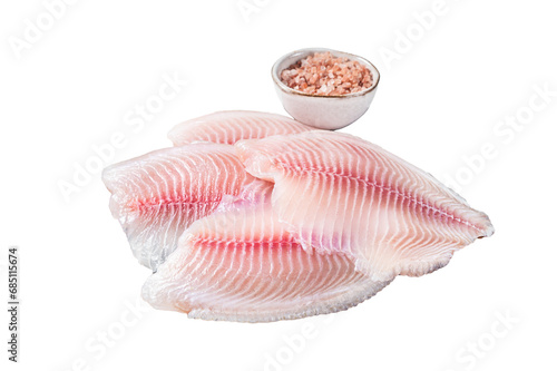 Ready for cooking raw fillet of tilapia fish with herbs. Transparent background. Isolated.