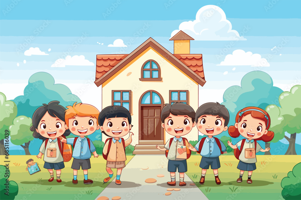 School children in front the house vector illustration, Vector illustration of a school building