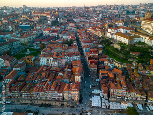 Porto, Portugal, aerial view from drone on Ribeira district before sunset