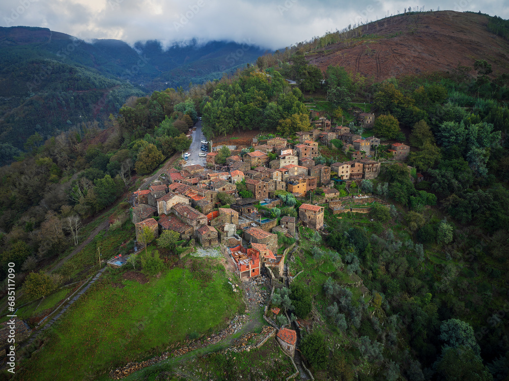 Aerial view of Talasnal, a charming historical remote schist village located in Serra da Lousã mountains in Portugal