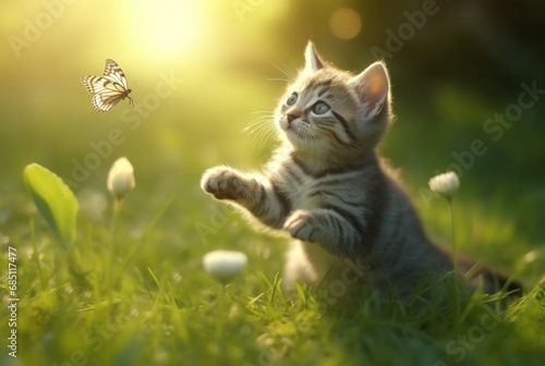 Cute cat is playing on green grass with butterflies flying in blurred background and beautiful sunlight. generative ai