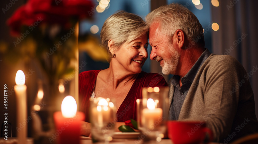 A couple celebrating Valentine's Day with a romantic candlelit dinner at home, Valentine’s Day, elderly couple, bokeh, with copy space A couple celebrating Valentine's Day with a romantic candlelit dinner at home, Valentine’s Day, elderly couple, bokeh, with copy space