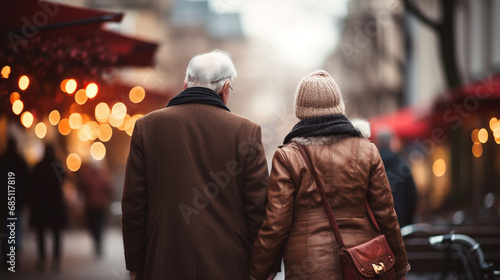 A candid shot of an elderly couple holding hands on a bench, Valentine’s Day, elderly couple, bokeh, with copy space