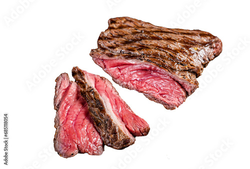 Grilled Wild Venison steak with thyme and salt, game meat.  Transparent background. Isolated. photo