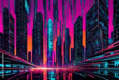 "Fashion an abstract cityscape from the future, where skyscrapers of neon light soar into the digital skyline. 