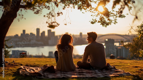 A couple enjoying a picnic in a scenic spot with a city view, Valentine’s Day, happy couple, bokeh, love, with copy space