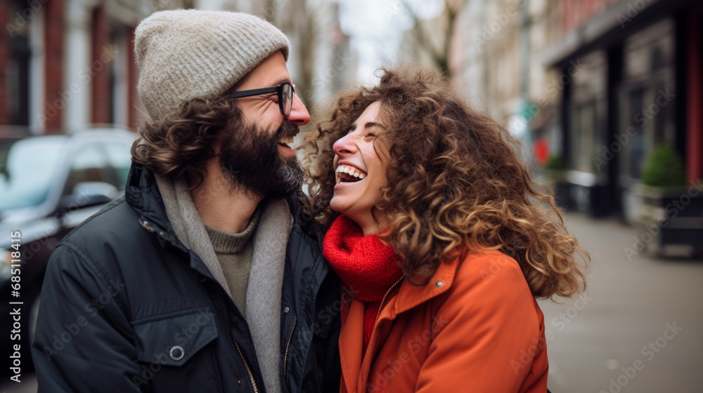 Fototapeta premium A casual and candid shot of a couple laughing on a city street, Valentine’s Day, happy couple, bokeh, love, with copy space