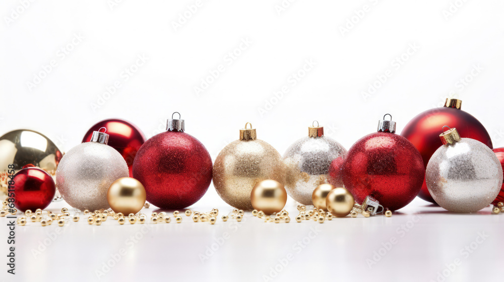 Christmas decorations on a white background, white space fot text Christmas decorations on a white background, white space fot text