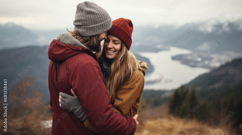 A couple holding each other close during a scenic mountain hike, Valentine’s Day, happy couple, bokeh, love, with copy space