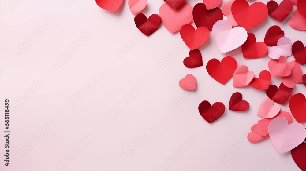 A backdrop of scattered red and pink paper hearts, Valentine’s Day, heart background, with copy space