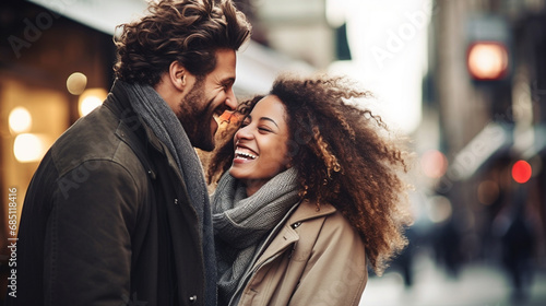A casual and candid shot of a couple laughing on a city street, Valentine’s Day, happy couple, bokeh, love, with copy space